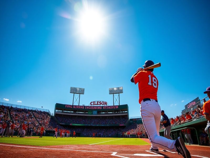 A vibrant image of Doug Kingsmore Stadium filled with enthusiastic fans during a Clemson baseball game, showcasing the excite