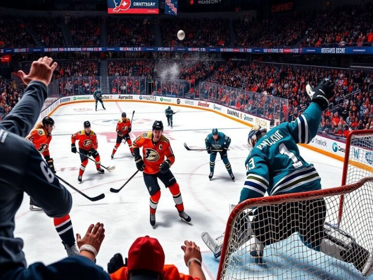 A dynamic image showcasing a Ducks vs. Canucks game, featuring players engaged in a fierce battle for the puck, with fans in