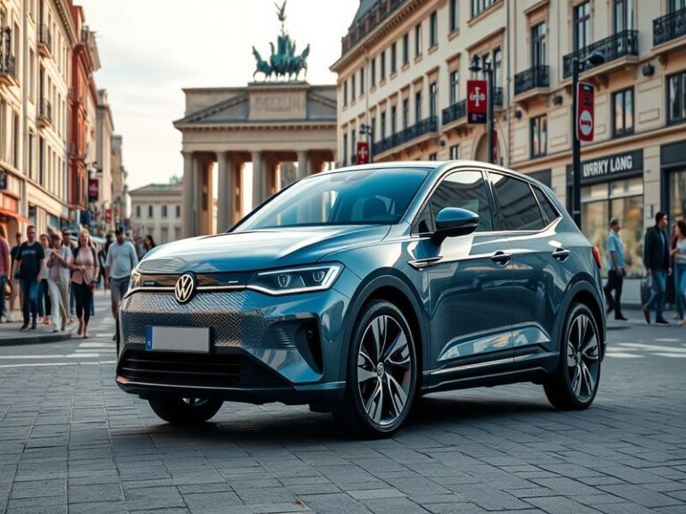 An image of a modern Volkswagen electric vehicle driving through a scenic landscape, showcasing innovation and sustainability