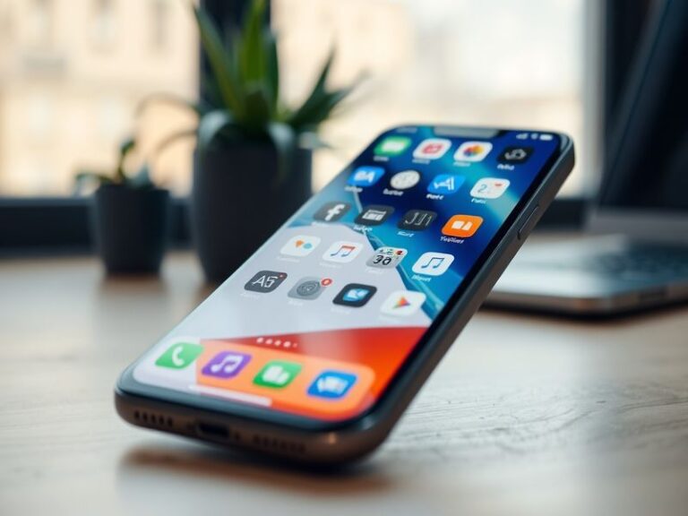 A sleek iPhone displaying the iOS 26.4 update screen, with a subtle background of app icons and a modern, minimalist aestheti