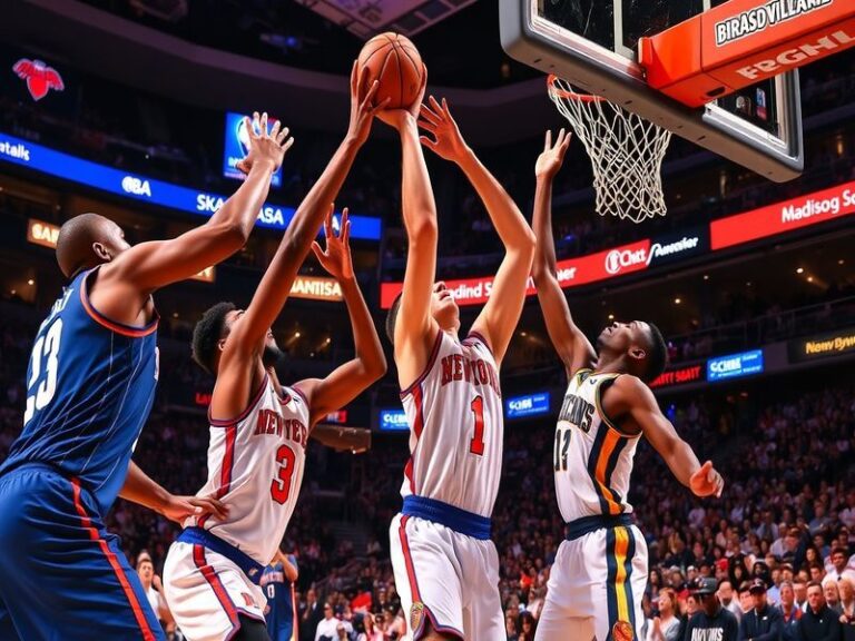 An action shot of Knicks and Pelicans players competing on the court, showcasing the intensity of the game and the vibrant at