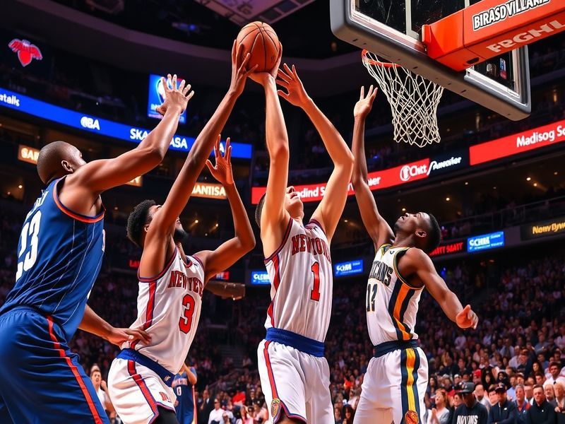 An action shot of Knicks and Pelicans players competing on the court, showcasing the intensity of the game and the vibrant at