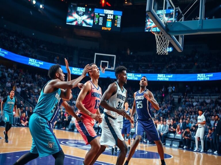 A dynamic basketball scene featuring players from the Hornets and Kings in action during a game, showcasing the intensity and