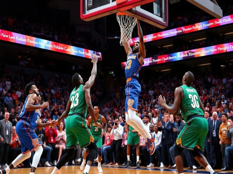 An action shot of Knicks and Pelicans players competing on the court, featuring vibrant team colors and an energetic crowd in