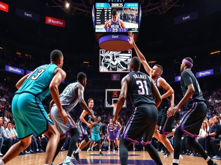 An action-packed basketball game scene featuring players from the Hornets and Kings in a vibrant arena, capturing the intensi