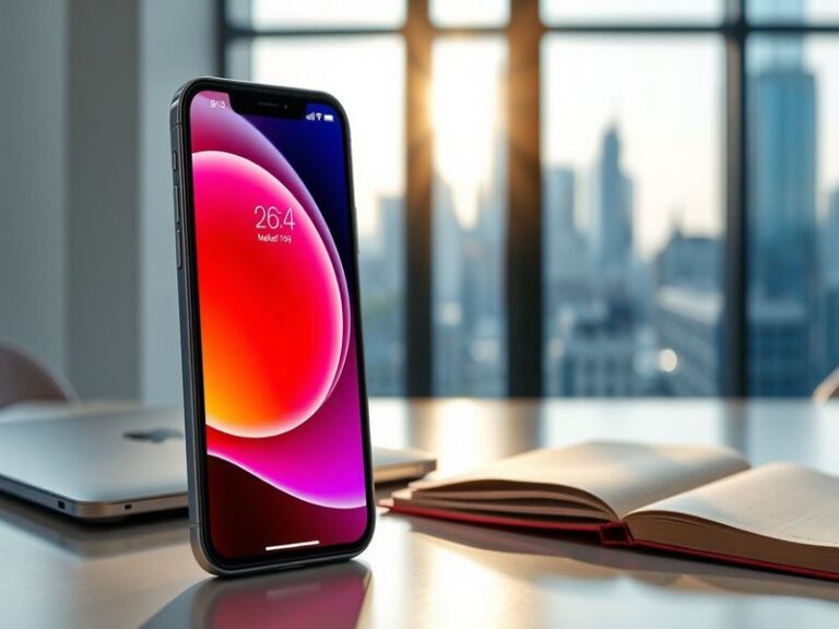 A sleek iPhone displaying the iOS 26.4 update screen, set against a minimalist background with subtle geometric patterns. The