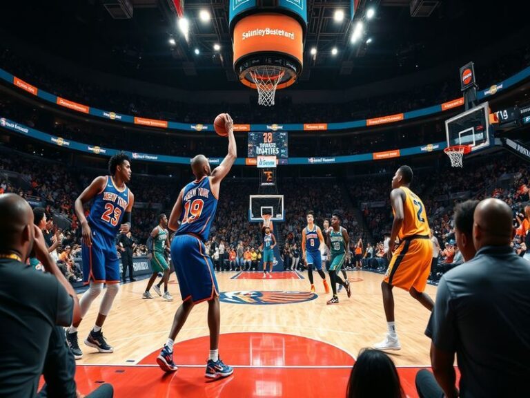 An action-packed scene from a Knicks vs. Pelicans game, showcasing players in mid-action, fans cheering in the stands, and th