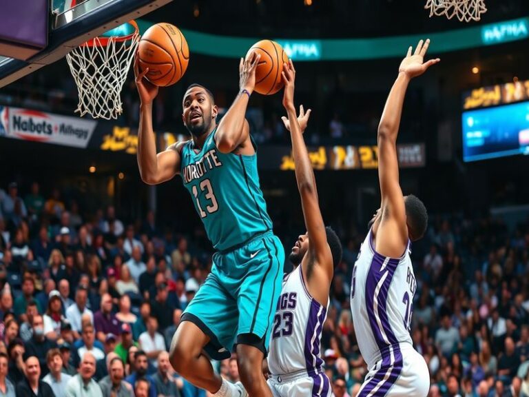A vibrant basketball court scene depicting a Hornets vs Kings game, showcasing enthusiastic fans, players in action, and team