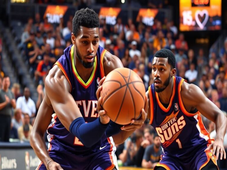 An action shot of Nikola Jokić and Devin Booker competing for a rebound during the game, showcasing the intensity and athleti