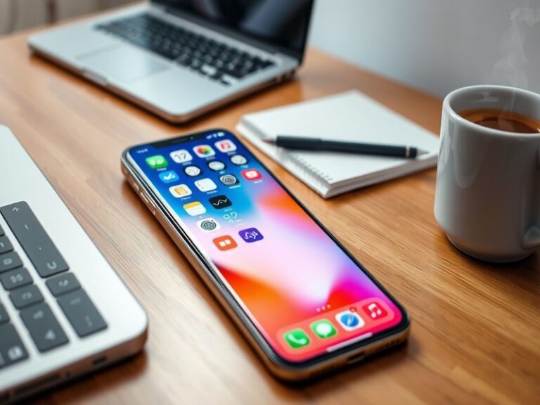 A sleek iPhone displaying the iOS 26.4 update screen on a clean, minimalist desk with soft lighting. The phone is positioned