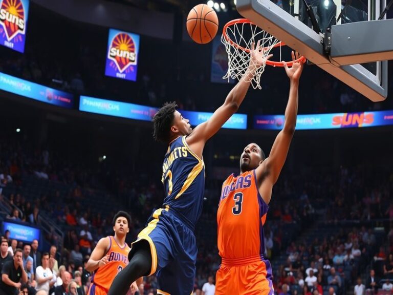 An action shot of Nikola Jokić and Devin Booker competing for the ball during a tense moment in the game.