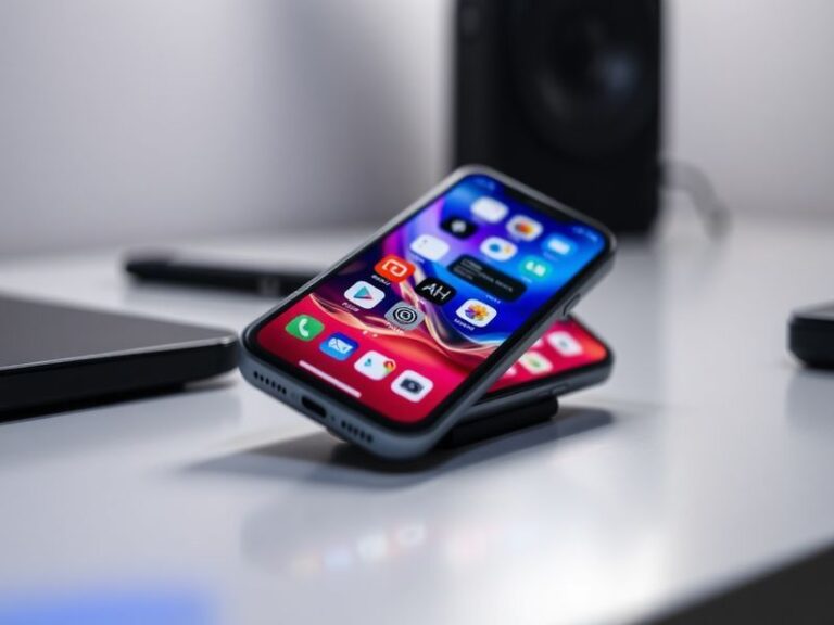 A close-up shot of an iPhone displaying the iOS 26.4 update notification, with the device placed on a minimalist desk setup f