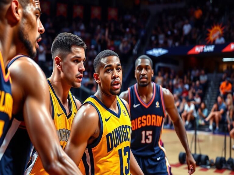A high-energy basketball game scene featuring players from the Denver Nuggets and Phoenix Suns in action, showcasing intense