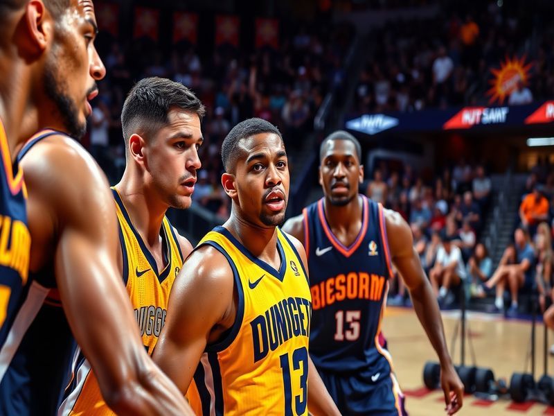 A high-energy basketball game scene featuring players from the Denver Nuggets and Phoenix Suns in action, showcasing intense