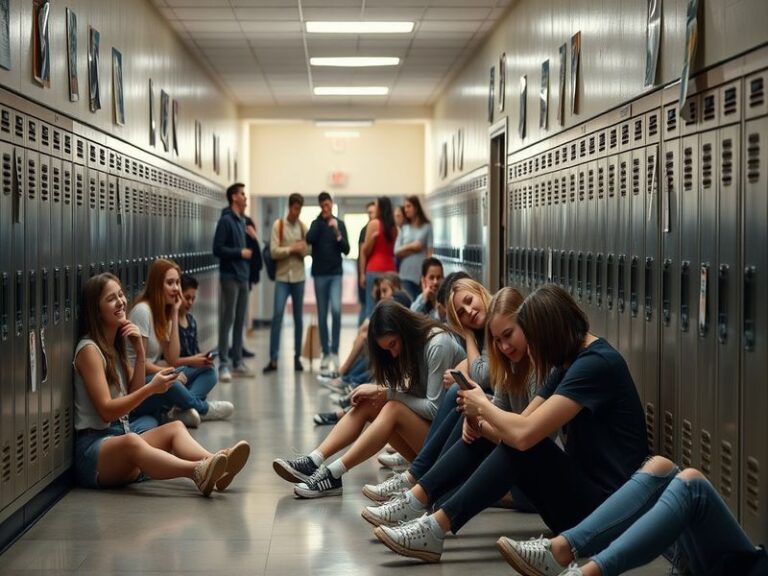 A vibrant scene from Heartbreak High, showcasing diverse teenagers engaged in lively discussions, with a school backdrop symb