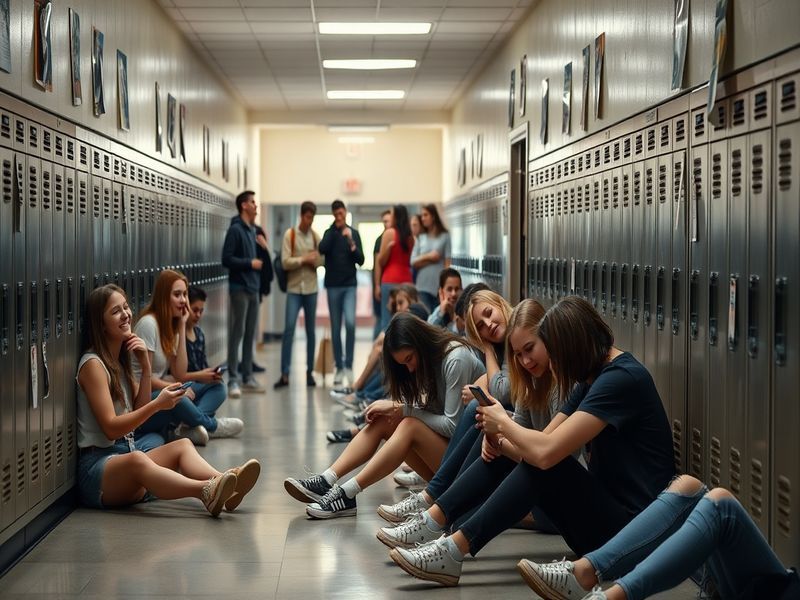 A vibrant scene from Heartbreak High, showcasing diverse teenagers engaged in lively discussions, with a school backdrop symb