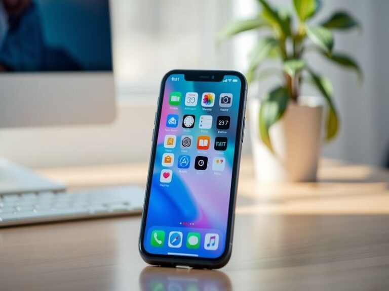 A sleek iPhone displaying the iOS 26.4 update notification against a minimalist background, with subtle security icons and a