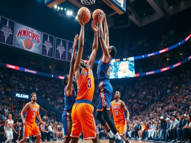 A vibrant scene from a Knicks vs Pelicans game, showcasing players in action, the excitement of fans in the stands, and the i