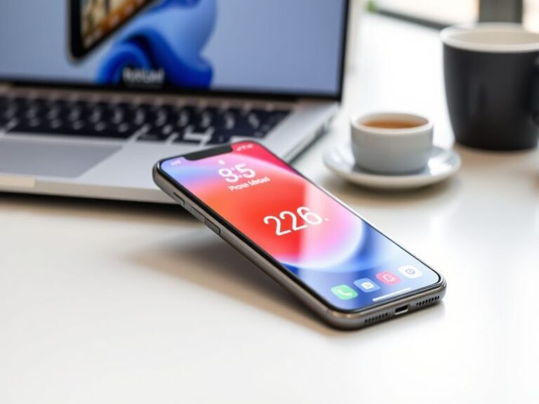 A modern iPhone displaying the iOS 26.4 update notification screen against a clean, minimalist background. The phone is place