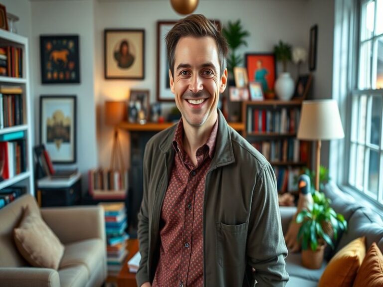 A vibrant portrait of Jim Parsons on stage, showcasing his expressive performance style and charisma.