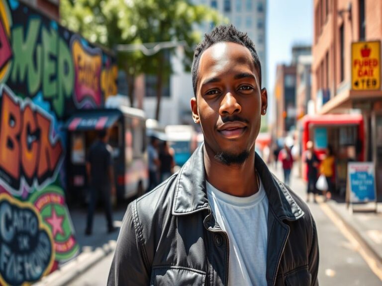 A vibrant mural created by Rasheer Fleming, showcasing bold colors and social justice themes, set in an urban environment.