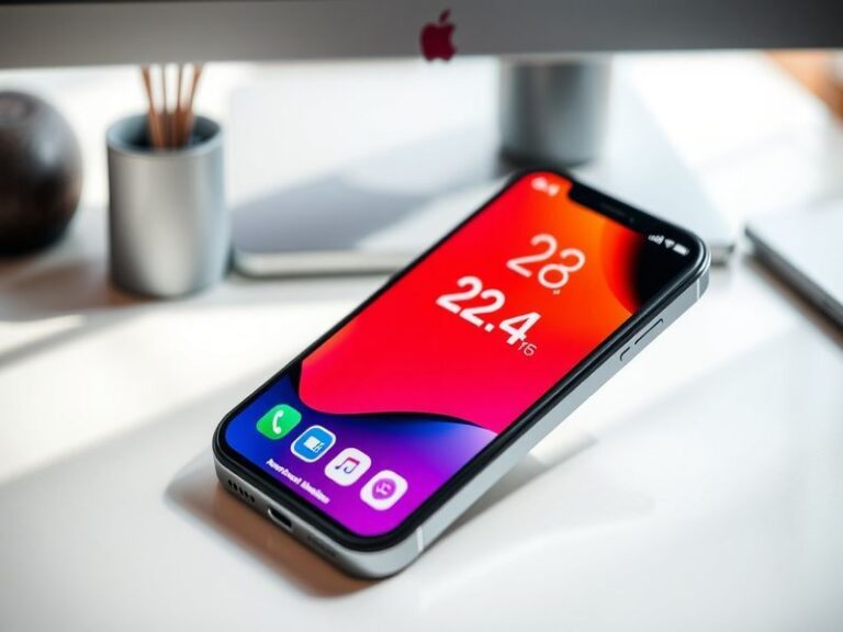 A close-up of an iPhone screen displaying the iOS 26.4 update notification, with a blurred background of a modern home setup