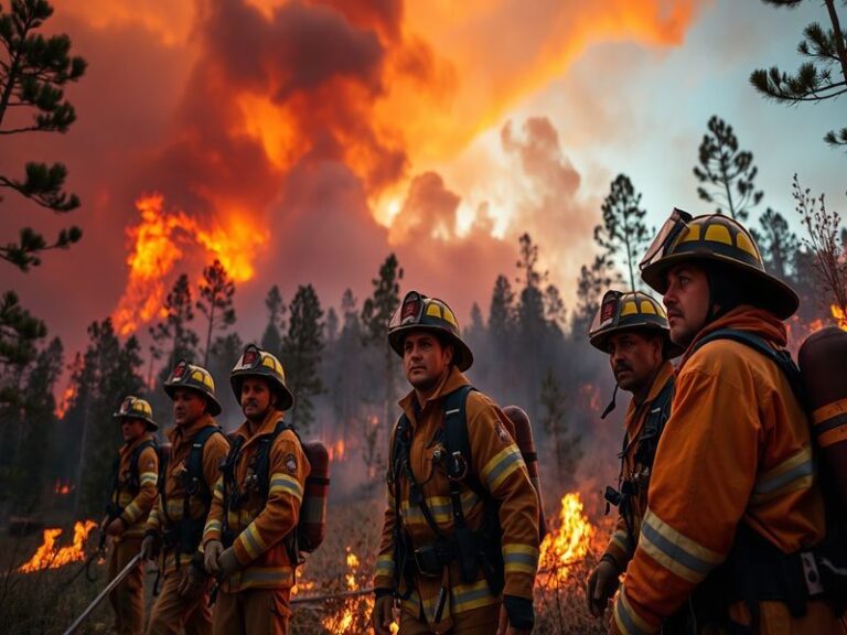 A collage showcasing firefighters in action, advanced fire detection technology, and community fire safety education programs