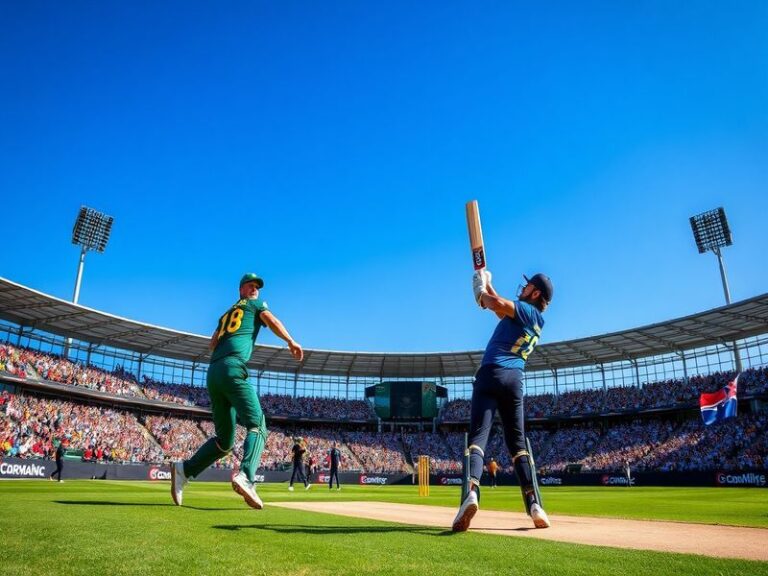 A packed stadium during the South Africa vs New Zealand cricket match, featuring players in action under bright lights, with