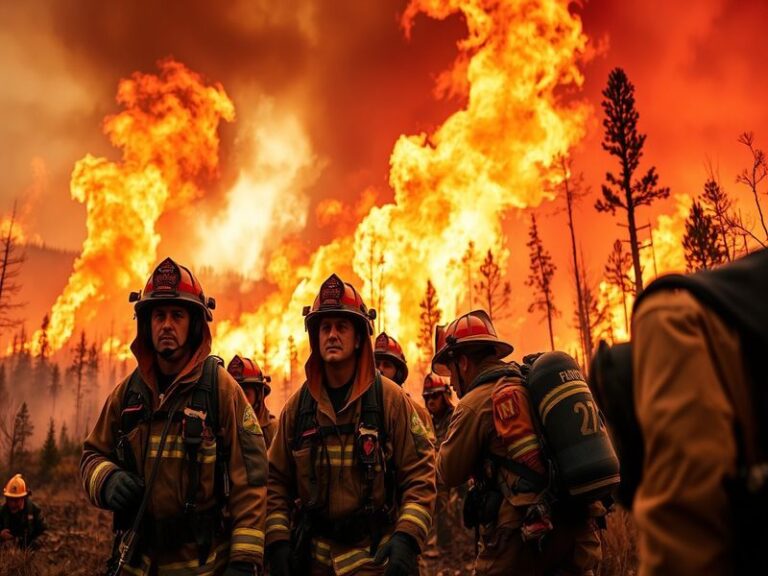 A collaborative firefighting scene showing firefighters from different agencies working together, equipped with modern techno
