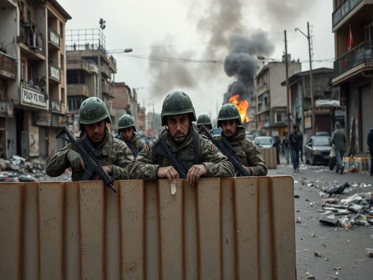 A tense military scene in Iran, showcasing soldiers preparing for operations, with a backdrop of a cloudy sky to evoke a sens