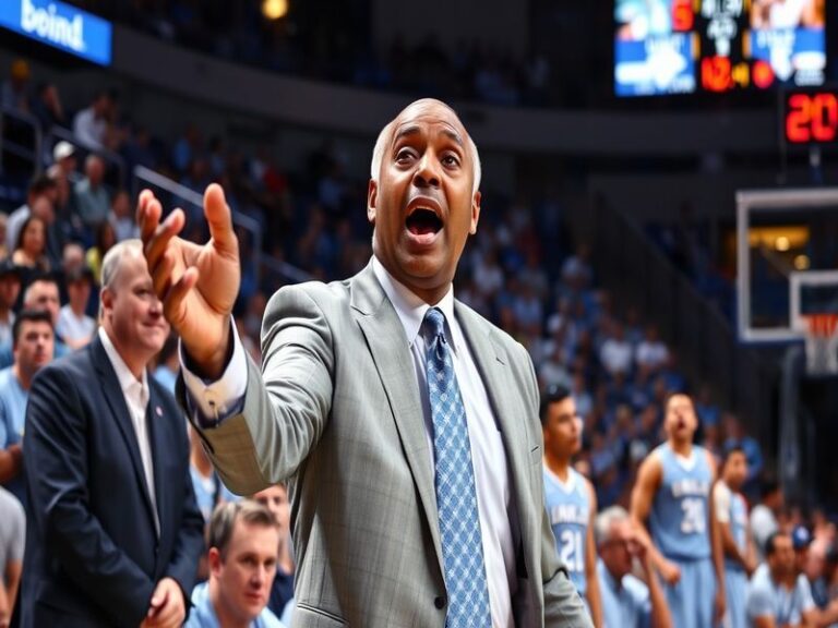 A dynamic action shot of Hubert Davis coaching during a UNC basketball game, with players in the background and fans blurred