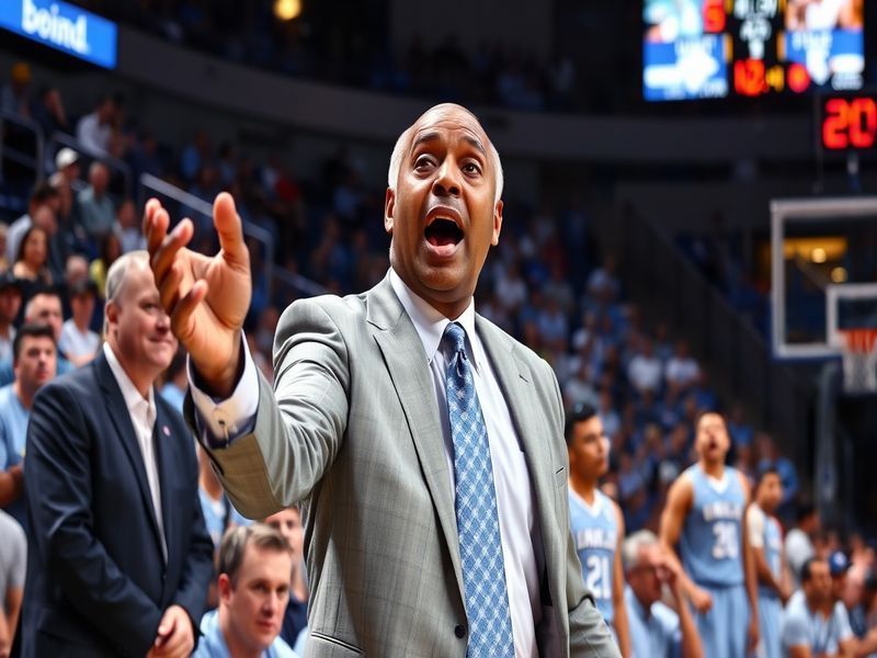 A dynamic action shot of Hubert Davis coaching during a UNC basketball game, with players in the background and fans blurred