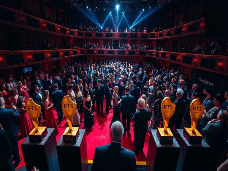 A vibrant scene from a past RTS Awards ceremony, featuring nominees in elegant attire, a spotlight on the award stage, and an