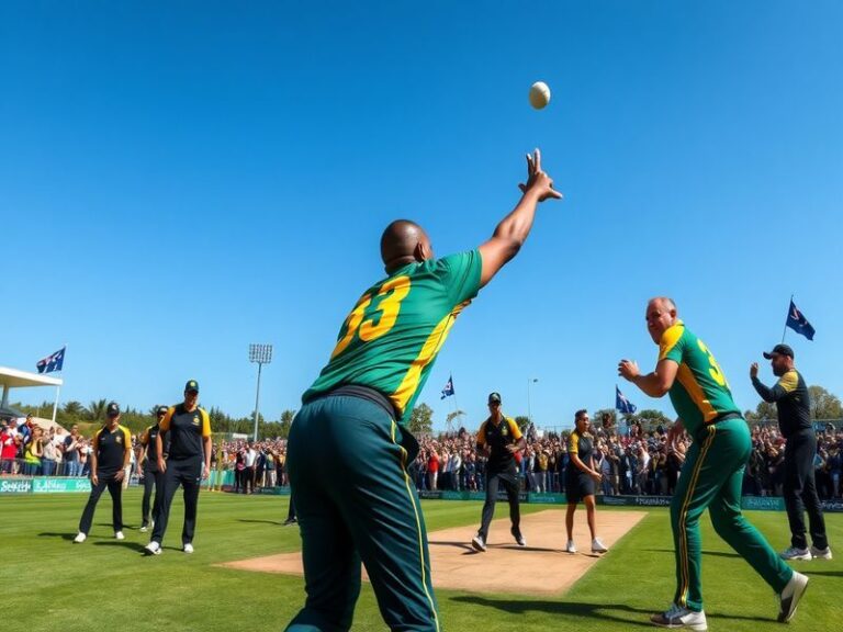 A vibrant cricket stadium filled with fans, showcasing the excitement of a match between South Africa and New Zealand, with p