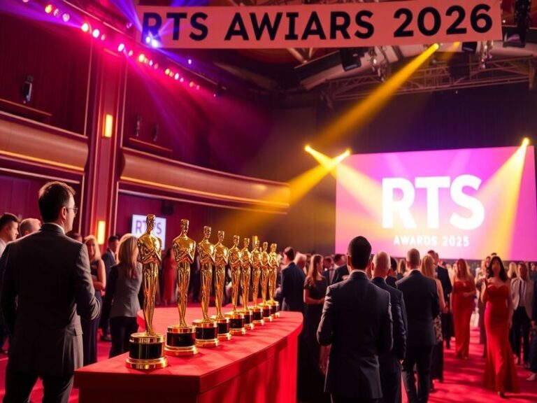 An image capturing the excitement of the RTS Awards, featuring a glamorous red carpet with celebrities and nominees, bright l