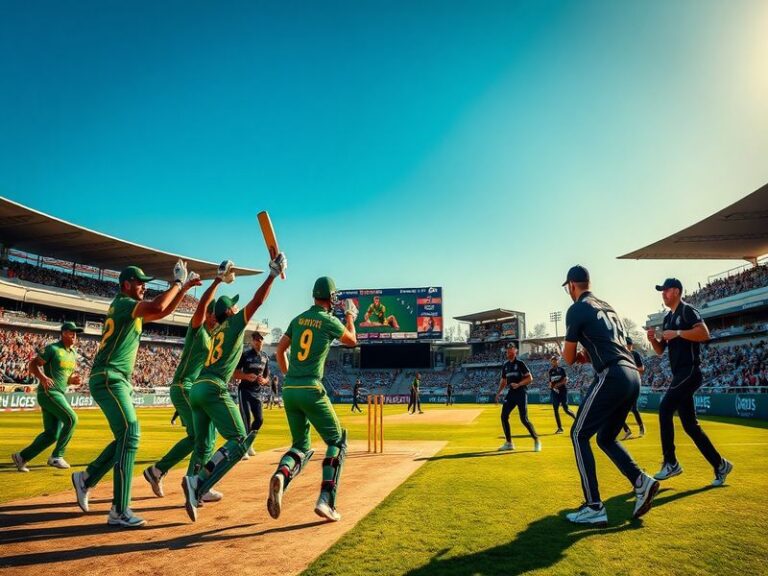 An intense cricket match scene featuring players in action, with a packed stadium in the background showcasing the excitement