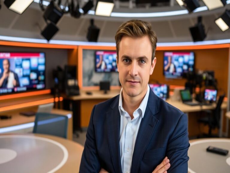 A portrait of Tom Swarbrick, engaged in a live radio broadcast, with studio equipment in the background, conveying a professi