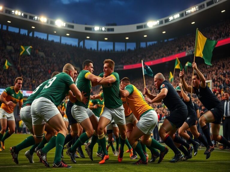 A dynamic action shot of a Springbok and All Black in mid-tackle during a match, with the South African and New Zealand flags
