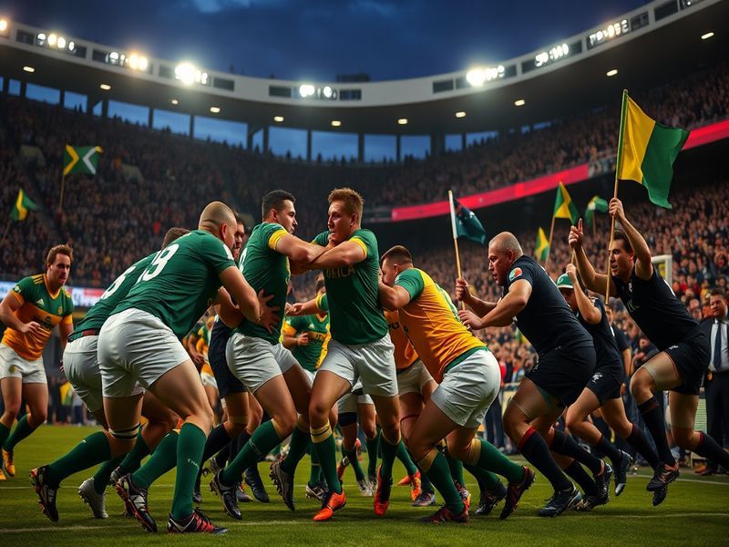 A dynamic action shot of a Springbok and All Black in mid-tackle during a match, with the South African and New Zealand flags