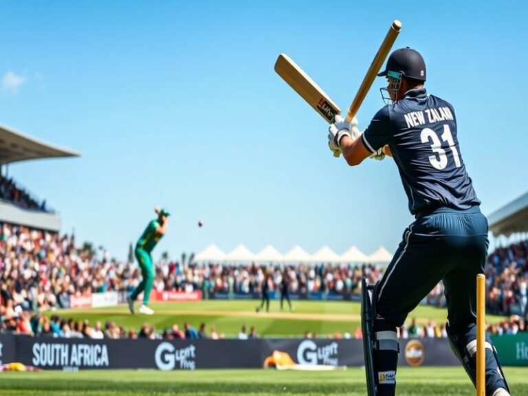 A vibrant cricket match scene featuring players from South Africa and New Zealand, capturing the intensity of competition and
