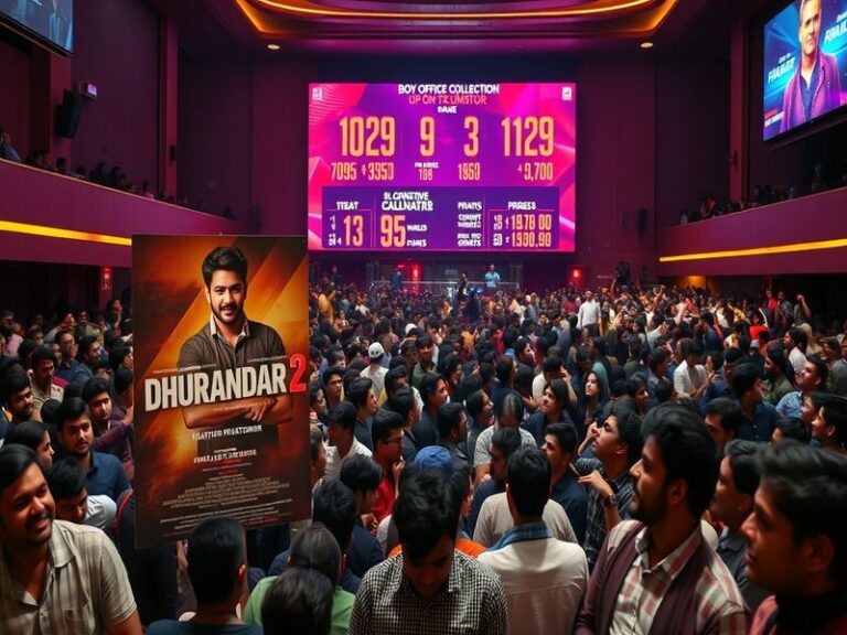 A dynamic movie poster for Dhurandhar 2 featuring the main cast in action poses, vibrant colors, and dramatic lighting to con