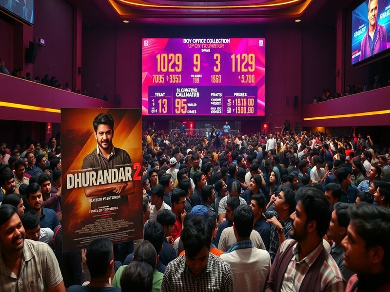 A dynamic movie poster for Dhurandhar 2 featuring the main cast in action poses, vibrant colors, and dramatic lighting to con