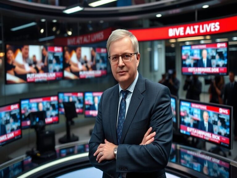 A portrait of Tom Swarbrick in a radio studio, showcasing him during a live broadcast, with a microphone and headphones, focu