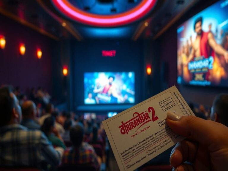 A vibrant movie poster of Dhurandhar 2 featuring the main characters in an action-packed scene, with dramatic lighting and in