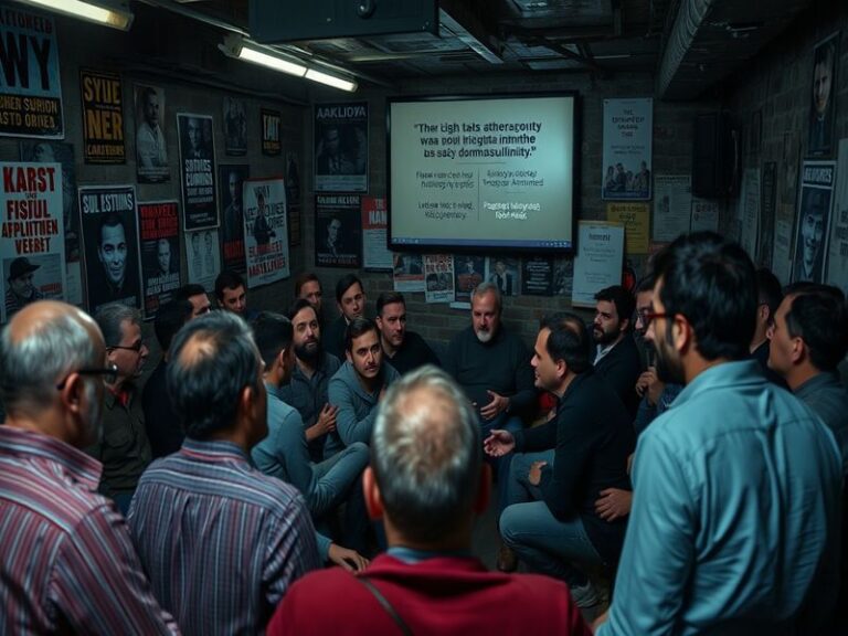 A collage representing the manosphere, featuring images of diverse men engaging in discussions, fitness activities, and onlin