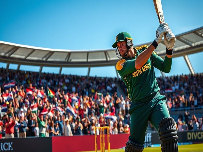 An action shot of a cricket match between South Africa and New Zealand, highlighting players in dynamic poses, with a stadium