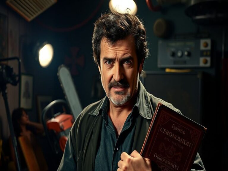 A dynamic portrait of Bruce Campbell, showcasing him in character as Ash Williams, with a chainsaw in hand and a playful expr