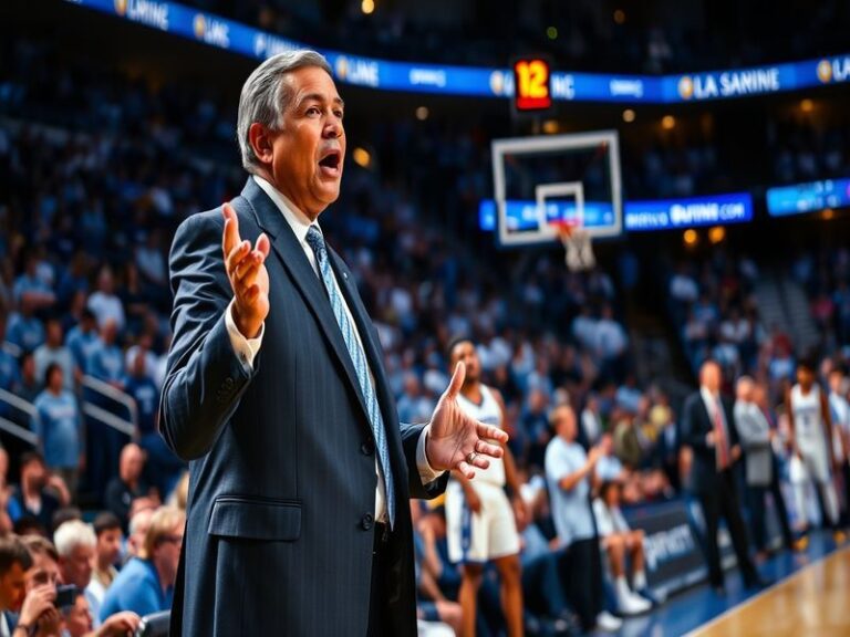 A dynamic action shot of Hubert Davis coaching from the sidelines during a UNC basketball game, with the Tar Heels in navy an
