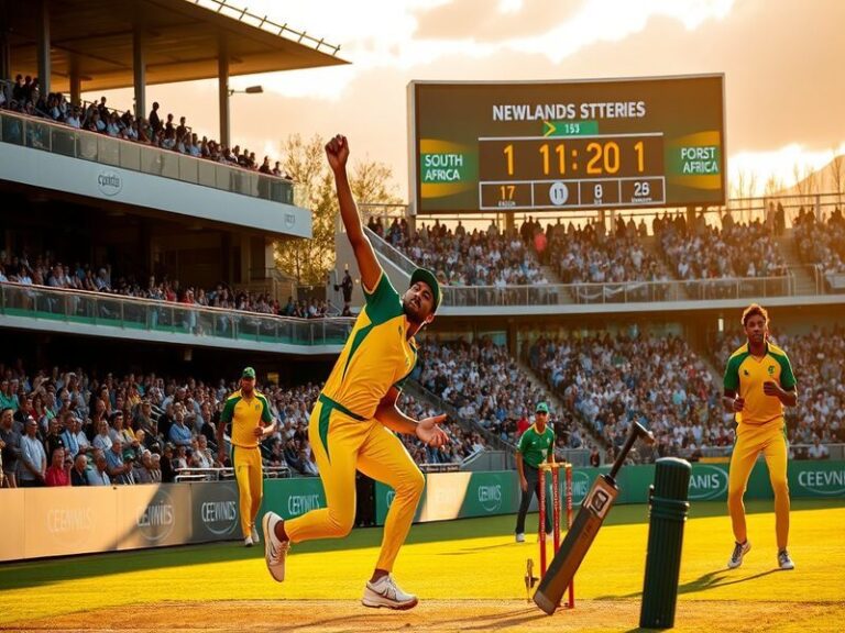 A dynamic image of a cricket match featuring South Africa and New Zealand players in action, capturing the intensity and pass