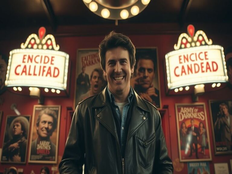 A dynamic portrait of Bruce Campbell at a fan convention, engaging with fans, showcasing his charismatic personality and icon